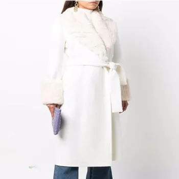 Осень-Зима, Новое Модное пальто из смесовой шерсти с меховым воротником, Женское темпераментное длинное пальто с разрезом, белое, с поясом