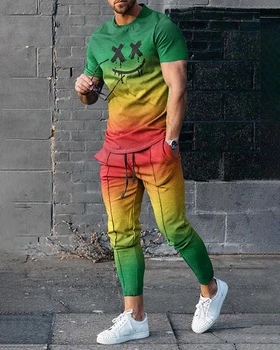 Мужской летний спортивный костюм, комплект из 2 предметов, футболка градиентного цвета + брюки, повседневный спортивный костюм для бега, Модный мужской уличный костюм большого размера
