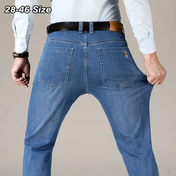 Мужские Прямые джинсы, Большие размеры 42 44 46, Демисезонные Деловые Классические хлопковые брюки с эластичной резинкой, Повседневные джинсовые брюки, одежда