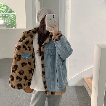 Корейская модная винтажная леопардовая джинсовая куртка, женская зимняя уличная одежда, теплое пальто из искусственного меха, реверсивная роскошная дизайнерская женская одежда