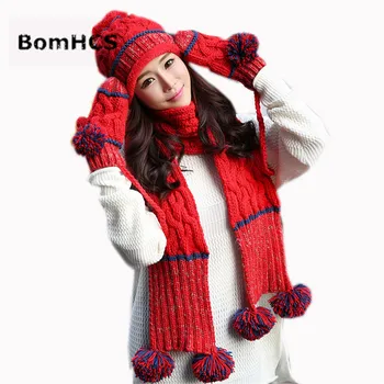 BomHCS 3 шт. (шапка + шарф + перчатки), костюм, теплая зимняя толстая женская шапочка, варежки, шейный платок, 100% ручная вязка