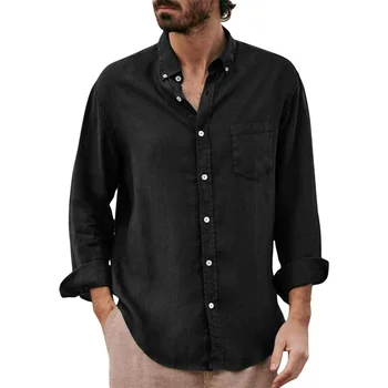 Мужская стильная льняная футболка с длинными рукавами на пуговицах, однотонная пляжная рубашка с воротником-лацканом и удобным нагрудным карманом