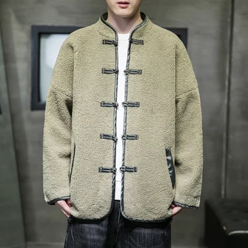 Осенне-зимняя мужская куртка из овечьей шерсти 2023 года, винтажный костюм в китайском стиле Тан, куртки для мужчин, модные парки с дисковой пряжкой, пальто
