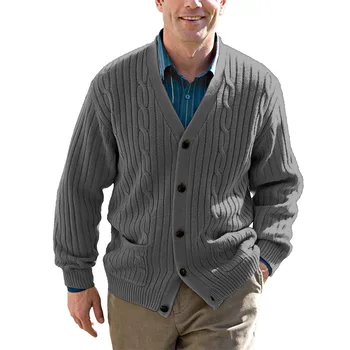 Мужской свитер, Кардиган, Весна-Осень, Модное однотонное пальто с V-образным вырезом и длинным рукавом, тонкое трикотажное пальто, Мужская повседневная куртка