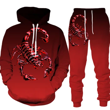 2023 Крутой мужской многоцветный пуловер с 3D-принтом Скорпиона с длинным рукавом/костюмы, графический хип-хоп Уличный мужской комплект брюк с капюшоном и рисунком из мультфильма