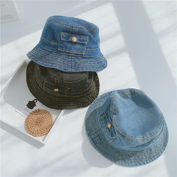 Выстиранная джинсовая панама, Детская хлопковая рыбацкая шляпа с широкими полями для девочек и мальчиков, Летняя Панама, Солнцезащитная шляпа, Уличная пляжная шапка для рыбалки