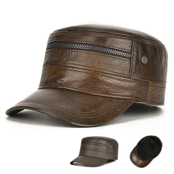 Ретро Мужская шапка-ушанка из натуральной кожи, зимняя теплая армейская кепка с флисовой подкладкой, Кадетская шляпа, Регулируемая Военная шляпа, Плоская Кепка, чехол