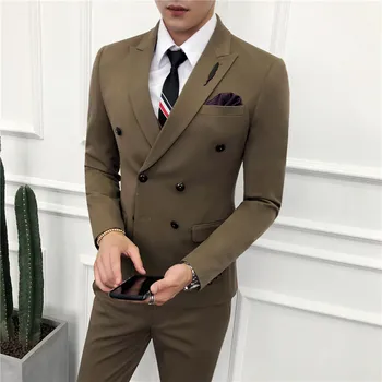 [Куртка + жилет + брюки] Британский однотонный двубортный мужской костюм, мужской тонкий смокинг, куртка, брюки, торжественный ужин, свадебное платье