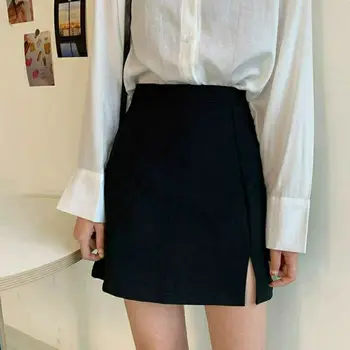 Корейская версия 2022 Черной юбки с разрезом, Свободная, с высокой талией, тонкая, студенческая, однотонная, в стиле хип-хоп, короткая юбка трапециевидной формы, Повседневный Элегантный дизайн