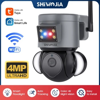 SHIWOJIA Беспроводная Камера Tuya WIFI 4MP 2K Скоростная Купольная Камера Наблюдения Охранная Сигнализация Прожектор CCVT Видео Alexa Google