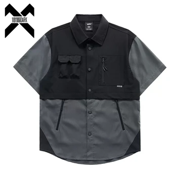 Тактические рубашки Карго Мужские 2023 Летние с коротким рукавом, Функциональная рубашка в стиле пэчворк, пальто, хип-хоп Свободные топы в стиле Харадзюку